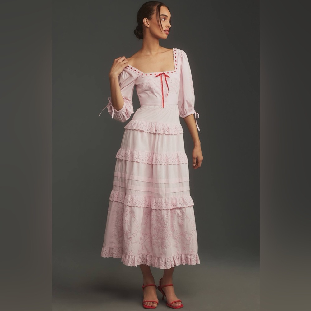 Pink Tiered Eyelet Midi Dress with Puff Sleeves